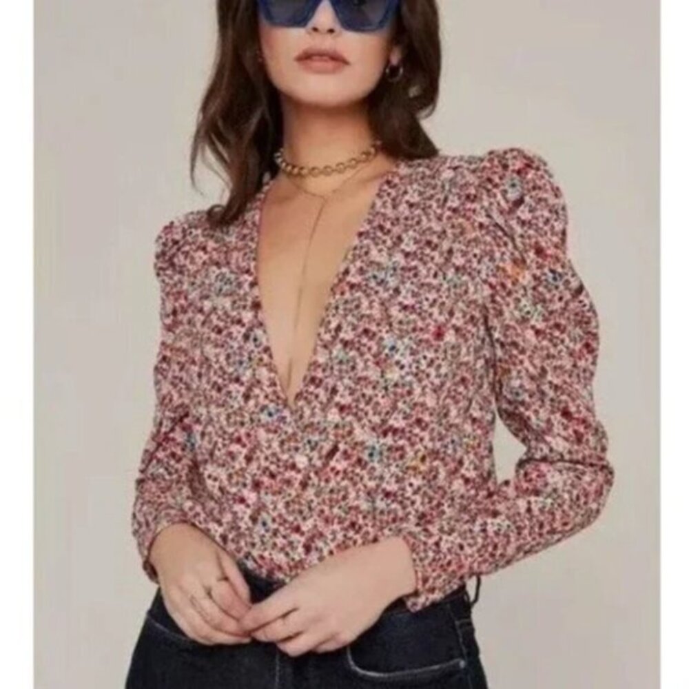 AFRM Nora Floral Bodysuit in Red Ditsy Long Sleeves‎ Size M